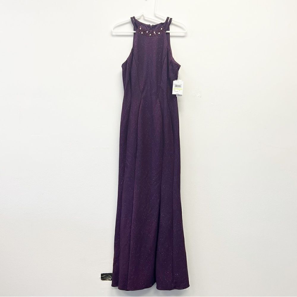 R & M Richards Nightway Glitter-Knit Gown, Size 4 Mulberry